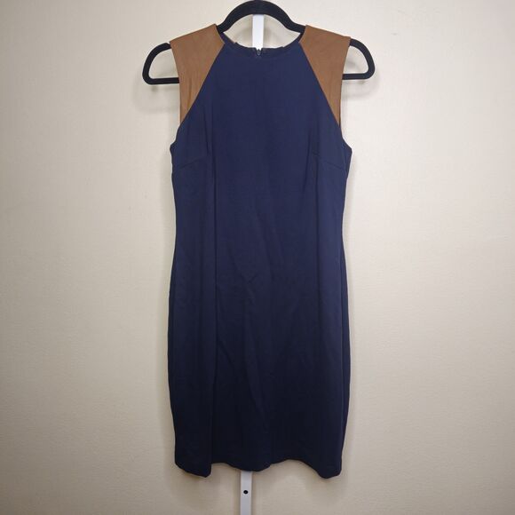 Lauren Ralph Lauren Women's 4 Blue Sheath Dress Leather Shoulder Trim Sleeveless - Picture 1 of 13